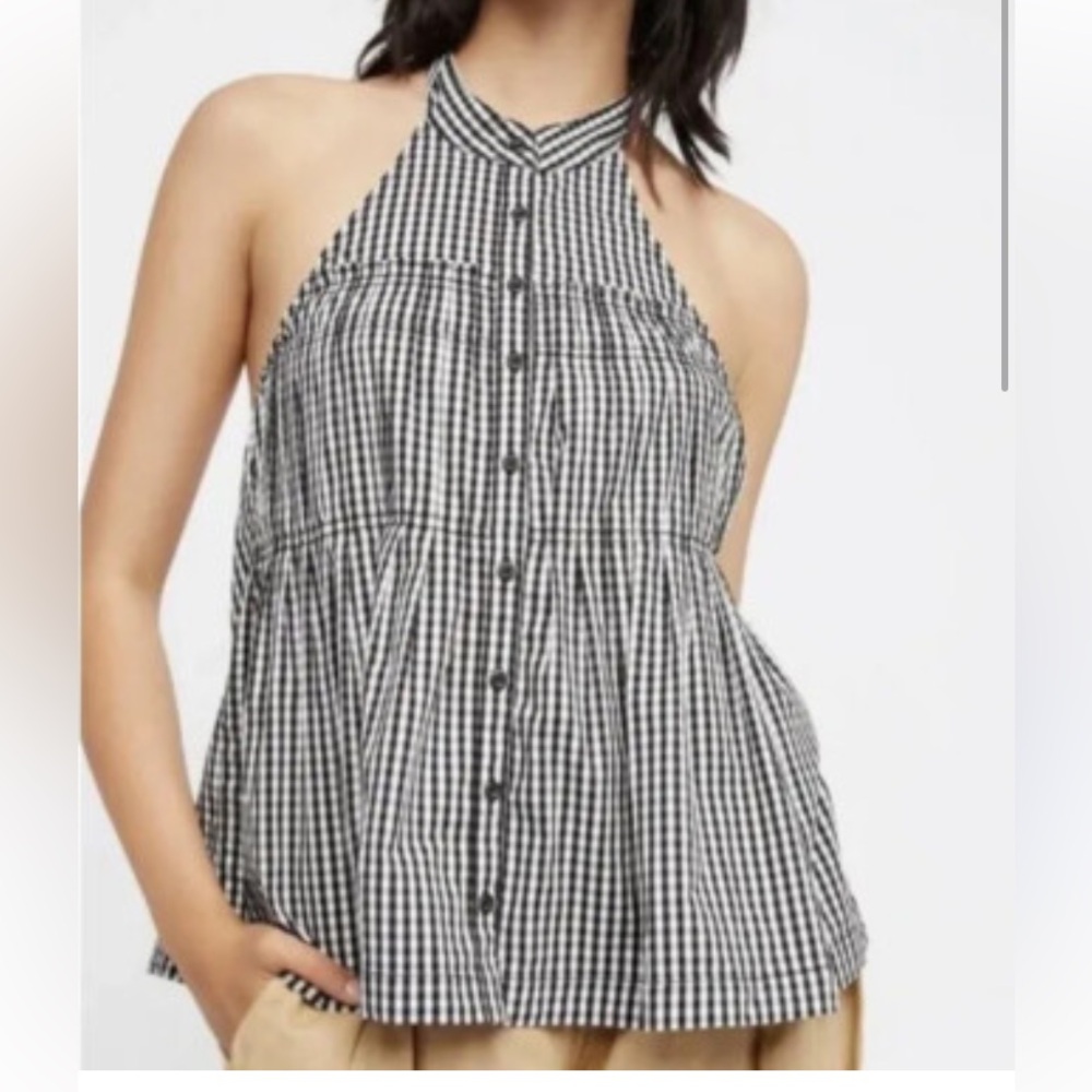 Free People Take It Easy Gingham Black/ White Checkered Tierred Halter Top Sz L